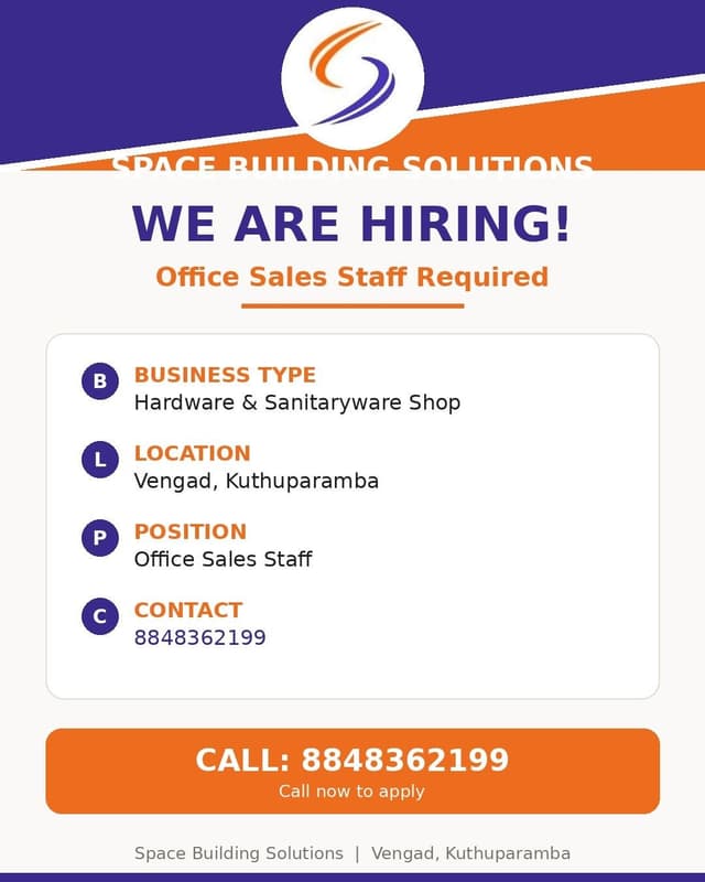 Sales staff required at Vengad  Kuthuparamba